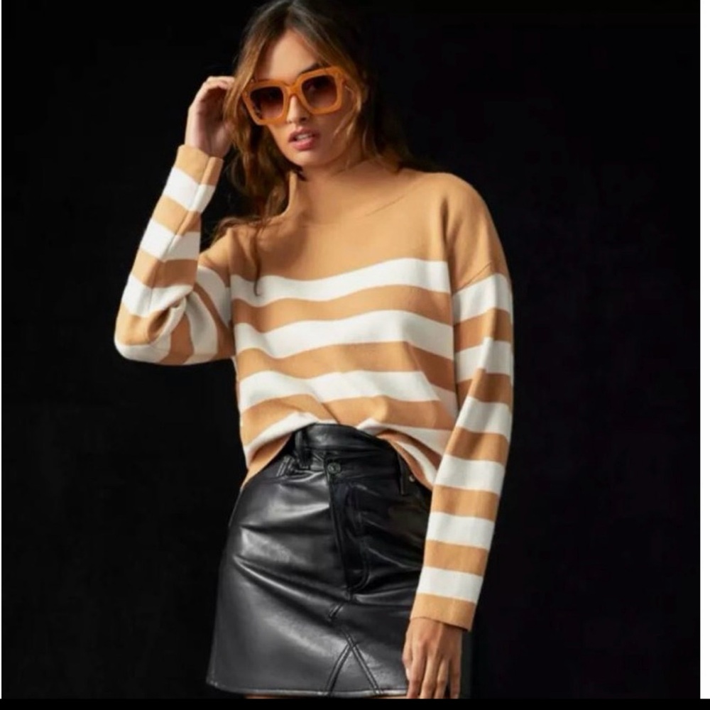 Anthropologie Maeve The Carys Mock Neck Sweater in Neutral Motif Stripe Size M